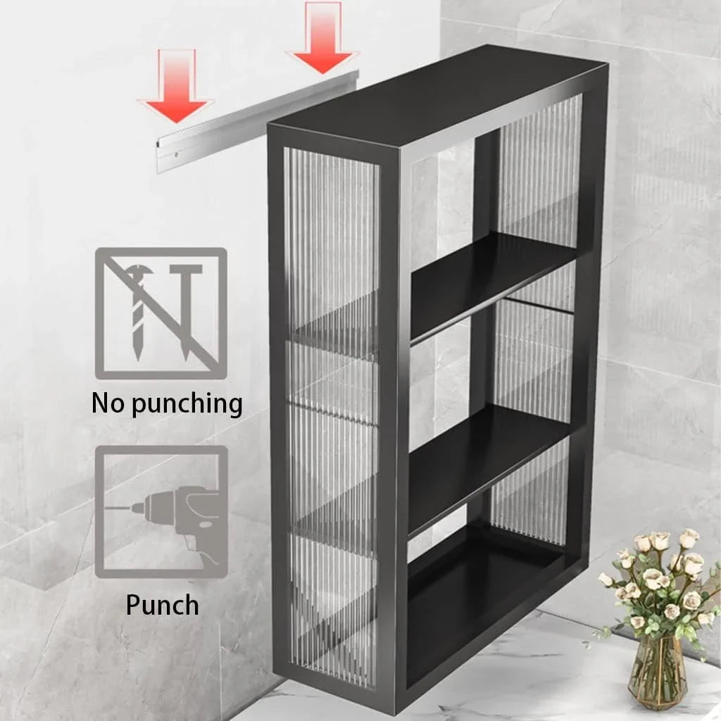 No Punching Cosmetic Locker, 4 Layer Double Door Storage Rack, Bathroom Medicine Cabinet, Toiletry Organizer Rack, Kitchen Wall Mounted Cupboard (Color : Black, Size : 40 * 15 * 60