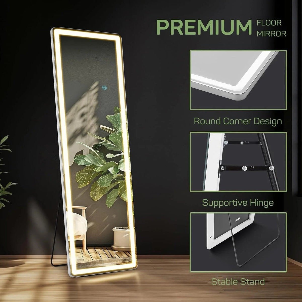 64 x 21 Inch Full Length LED Floor Mirror with Stand, Full Body Wall Mounted Mirror