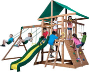 View Cedar Wood Swing Set with Wave Slide, Play Deck, Double Rock Wall, Rope Ladder, Web Swing, Belt Swings, Toy Telescope, Steering Wheel, Sandbox Area, Outdoor Playset image 1
