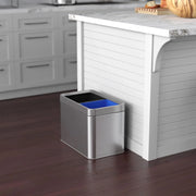 View 16-gallon contact-free trash and recycling bins, made of stainless steel, with a double compartment design (each compartment holds 8 gallons), suitable for recycling and waste disposal in the kitchen. image 3
