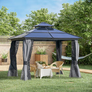 View 10 feet x 12 feet hard-top awning canopy, polycarbonate roof, aluminum frame, permanent outdoor awning, with net cover, suitable for patios, gardens, backyards, terraces, lawns, grasslands, light gray. image 2