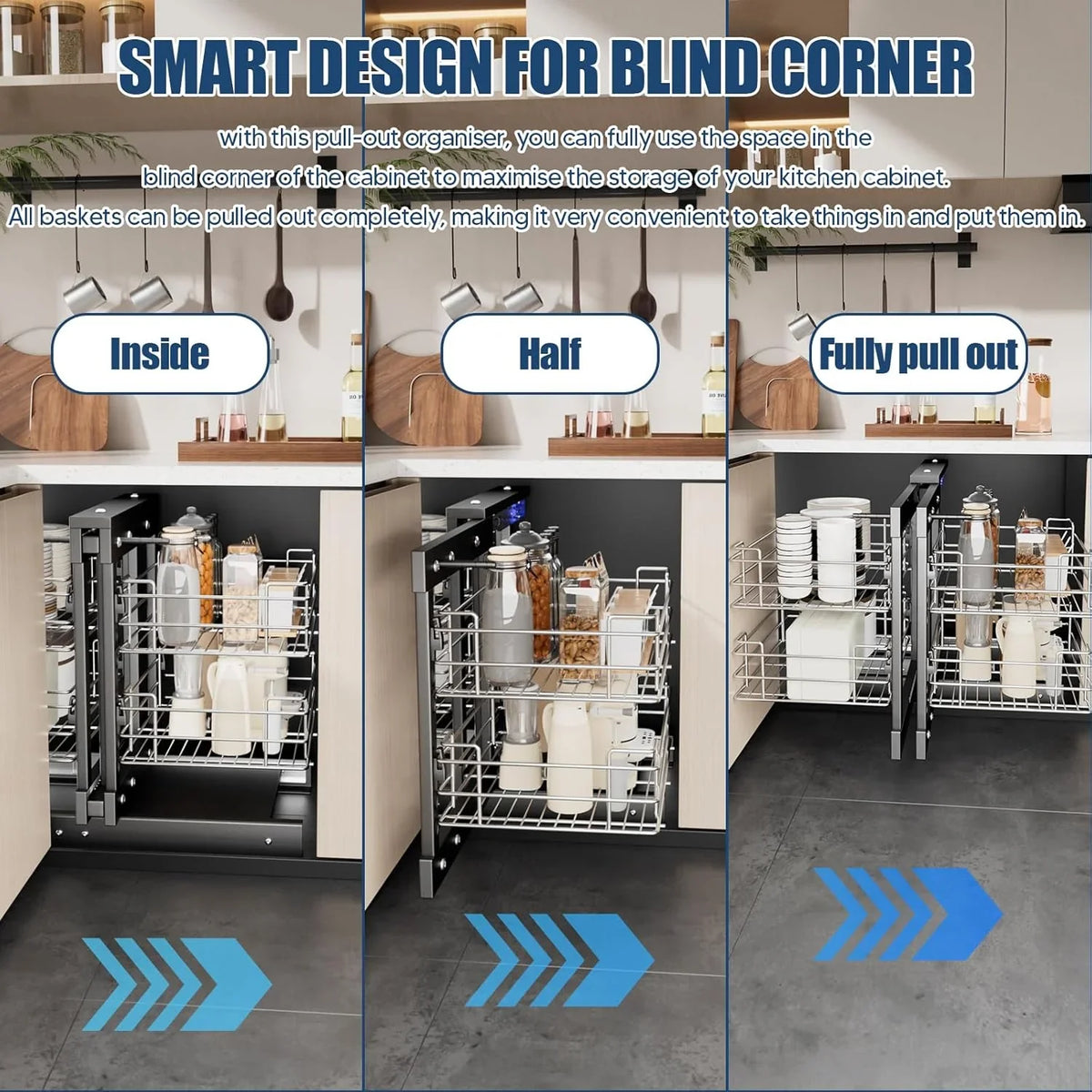 36" Blind Corner Pull Out Organizer,2 Tier 4 Shelf Kitchen Cabinet Organizer, Chrome Carbon Steel Storage Basket, Left Open & Right Open Compatible,for Blind Corner Kitchen or Bathroom Cabinet