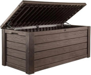 View Outdoor storage deck box, 150-gallon resin deck storage box and bench, with wood-grain design, in brown color scheme image 1