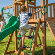 View A complete set of wooden mountain-style swings, equipped with a colorful canvas sunshade, a wave slide, a rope swing, a net swing, and a rock wall with climbing ropes and ladders. image 4