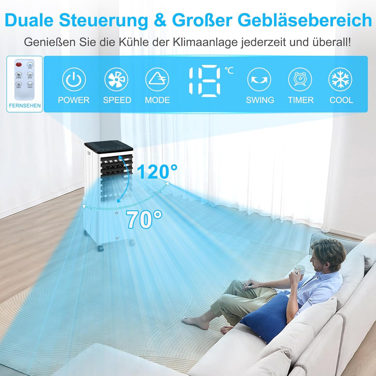 Klimagerät ohne Abluftschlauch, 14L 60W Klimaanlage Mobil mit 12H Timer, 3 Modus, 40dB, 120°Oszillation, Abnehmbare Wassertank, Fernbedienung, Leise