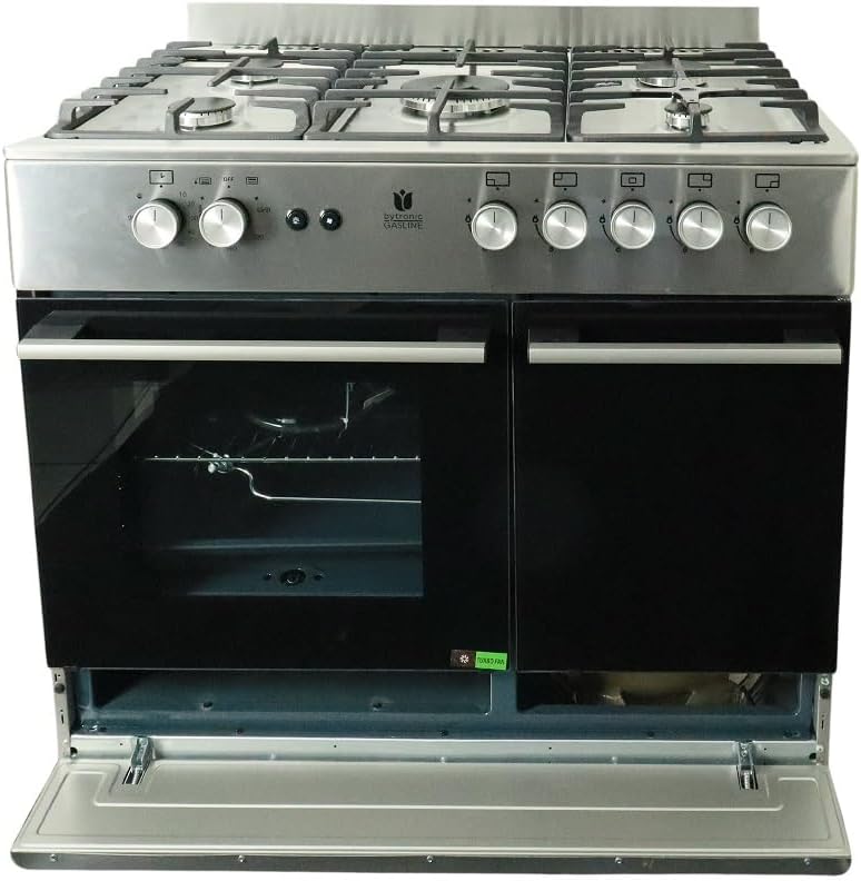 Gasline Gas Standherd mit Flaschenschrank 90cm GAG90GOXFL, 5 Flammig Sabaf-Brenner, Elektrische-Zündung und Vollzündsicherung Propan LPG...