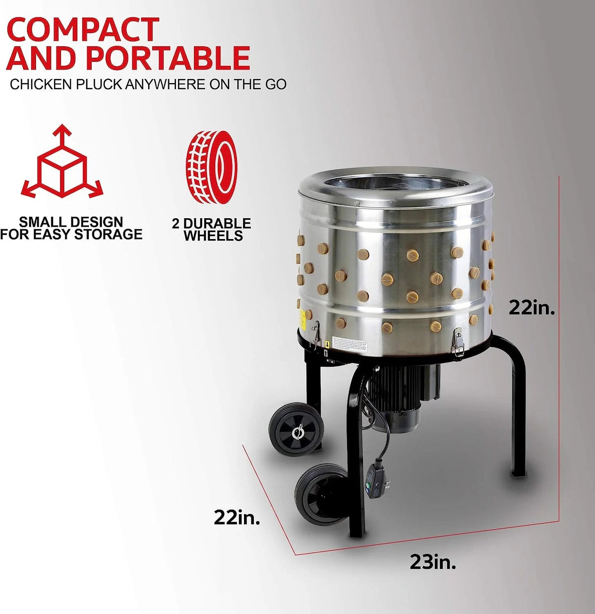 1 HP Electric Chicken Plucker, Stainless Steel, 120VAC, 280 RPM, 20-Inch Drum, 92 Soft Fingers