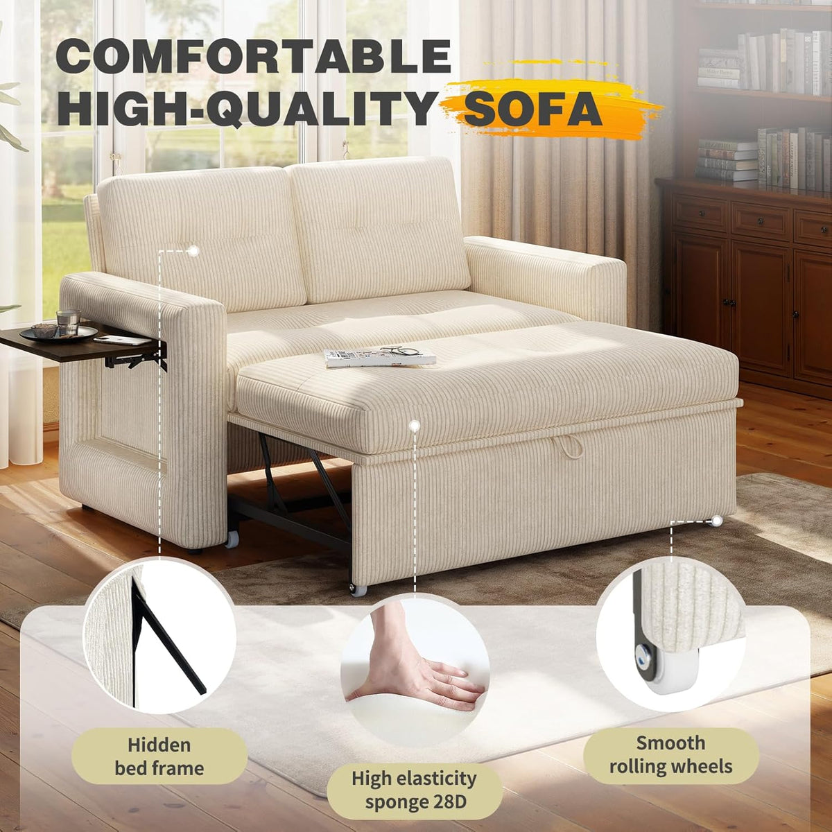 YOUDENOVA Sofá Cama 3 en 1, Sillón Cama multifunción, Sofá reclinable con Respaldo Regulable en 5 Posiciones, Sofá Cama para 2 Personas con Mesa y