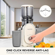 View Cold press juicer, 5.3-inch feed opening, slow-speed mixing type machine, power 300 watts, capable of extracting whole fruits and vegetables, easy to clean, high juice output, white appearance image 2