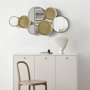 View Home decoration metal wall ornaments, a mirror with multiple circular lenses, large modern wall art sculptures for decoration, suitable for living rooms, offices, and bedrooms. Dimensions: 45.3 x 1.9 x 21.6 inches. Made of gold material. image 4