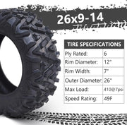 View 26x12x12 Atv Tires, Set of 2 Atv Tires 26x12-12 6PR, All Terrain Atv/Utv Off-Road Tires, Black image 3