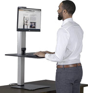 View High-position electric triple monitor adjustable desk | Sit-stand dual-purpose work desk for three screens | 28-inch wide work surface | Compatible with any standard desktop | Adjustable monitor stand image 2