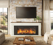 View 75-inch wall-mounted TV cabinet, rustic modern entertainment center with fireplace, 70-inch media cabinet with 3 drawers, featuring a recessed design, suitable for the living room, black version image 3