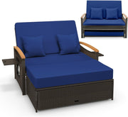 View Moccha Outdoor Wicker Daybed, Patio Rattan Loveseat Sofa w/ 4-Level Adjustable Backrest, Folding Panels, Storage Ottoman & Cushions, Lounge Furniture Set for Poolside Backyard Porch (Beige) image 1