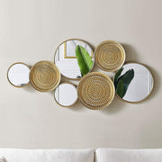 View Home decoration metal wall ornaments, a mirror with multiple circular lenses, large modern wall art sculptures for decoration, suitable for living rooms, offices, and bedrooms. Dimensions: 45.3 x 1.9 x 21.6 inches. Made of gold material. image 1