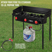 View Dual-burner outdoor gas stove | 150,000 British thermal units portable propane stove, with blue flame control, detachable legs, temperature control knob, windproof panel, hose, regulator and storage box image 4