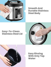 View Compact electric rice cooker, 6-in-1 stainless steel multi-functional cooking utensil, slow cooker, steamer, frying pan, heater and warmer, 2-gallon capacity (8 cups cooked, 4 cups uncooked), suitable for brown rice, quinoa and oats, 6 one-button pro image 4