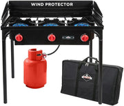 View Dual-burner outdoor gas stove | 150,000 British thermal units portable propane stove, with blue flame control, detachable legs, temperature control knob, windproof panel, hose, regulator and storage box image 1