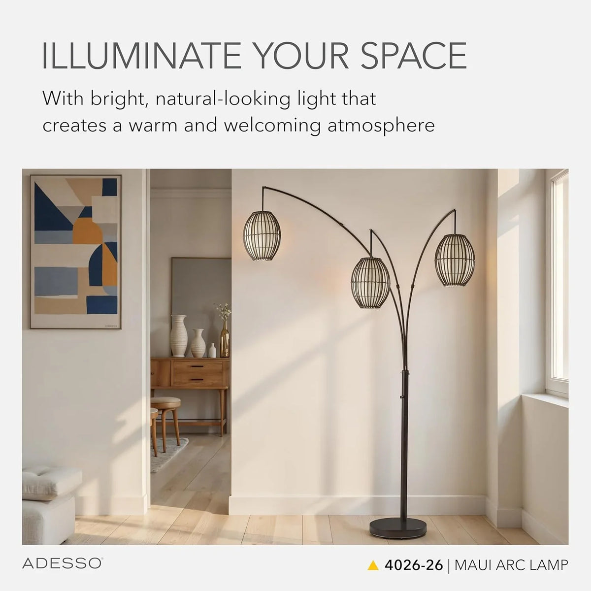Floor lamp, equipped with three movable lampshades and an adjustable height design - perfect for decorating bedrooms, living rooms and corners, with a bronze color finish.