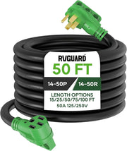 View 50 Amp 50 Foot RV/EV Extension Cord, NEMA 14-50P/R Heavy Duty Extension Cord with LED Power Indicator and Cord Organizer, Green, ETL Listed image 1