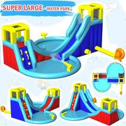 View Inflatable Water Slide, 6 in 1 Outdoor Inflatable Water Park with Climbing, Basketball Rim, Splash Pool, Water Cannon, Blow up Water Slides for Kids Backyard image 4