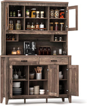 View 78.5-inch high kitchen cabinet storage unit, large storage cabinet with glass doors, equipped with drawers and adjustable shelves. The wooden kitchen storage unit has a microwave shelf, suitable for a home coffee bar. image 1