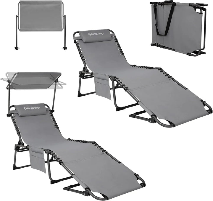 2-Seater Sun Chair with Facial Opening, Outdoor Foldable Portable Lounge Chair, Adjustable Five-Legged Folding Chair, With Sunshade, Suitable for Outdoor Beach, Gray Version