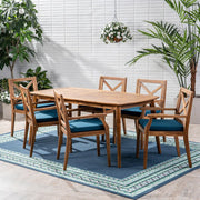 View 7-piece cherry wood dining set, teak surface / blue image 2