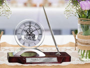 View Desk clock, pen set, personalized, unique, silver clock, clear transparent case, gears, da Vinci, timepiece display, metal pen set, wooden desk stand, desk accessories, office, modern home, engraving image 2