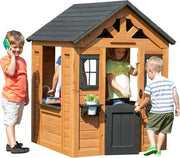 View Children's playhouse cabin, equipped with a game kitchen, snack bar, half-door, toy phone, windows, flower pot stand and an operable doorbell, suitable for creative outdoor games. image 2