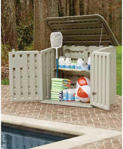 View Poly resin outdoor storage shed, with floor (4.5 feet x 3 feet), weather-resistant, beige/brown, suitable for storing and organizing household/backyard/swimming pool chemicals/toys/garden tools/porch/terrace cushions. image 3