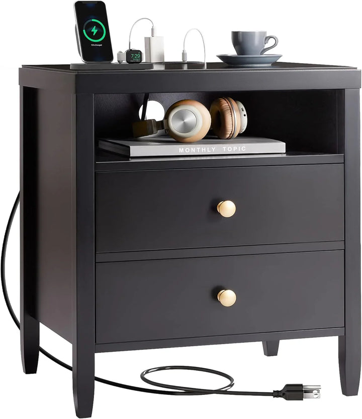 Modern bedside table with black metal finish - 2-piece set