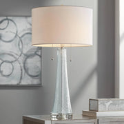 View Modern desk lamp, 28.5 inches high, 2 sets. Features a sky-blue textured glass lampshade and a white cylindrical lampshade with a vortex pattern. Suitable for living room, bedroom, bedside table, night light, office, and home use. image 4