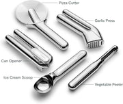 View Kitchen Tool Set - Five-piece essential kitchen items - Made of stainless steel - Includes can opener, pizza cutter, garlic press, ice cream scoop, vegetable peeler and storage organizer box image 3