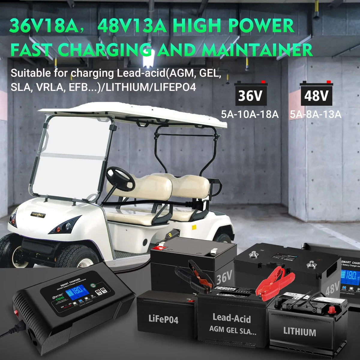 36 Volt Golf cart Charger 18-Amp Smart Charger, Car Battery Charger,Trickle Charger,36V,18-Amp and 48V,13-Amp,Lithium,LiFePO4,Lead-Acid AGM/Gel/