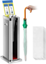 View Automatic wet umbrella packaging machine, stainless steel single-slot umbrella bag distributor bracket, equipped with 1000 long umbrella bags and warning signs, suitable for commercial shopping centers, hotels, in silver color. image 1