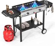 View 2 Burner Outdoor Propane Gas Stove with Griddle, Auto-ignition, Regulator & Side Shelves, 150,000 BTU Powerful Stand Cooker for Backyard Cooking Home Brewing Canning Frying Grilling image 2