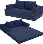 View Foldable sofa bed (large size), foldable floor sofa, denim foldable sofa bed as a sleeping mattress, with pillows, boneless sofa, comfortable and relaxing double seat, suitable for living room and bedroom, navy blue color image 3