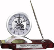 View Desk clock, pen set, personalized, unique, silver clock, clear transparent case, gears, da Vinci, timepiece display, metal pen set, wooden desk stand, desk accessories, office, modern home, engraving image 1