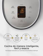 View Electric rice cooker with 6-cup capacity (uncooked) / 12-cup capacity (cooked), modern fuzzy logic control, featuring timer function and insulation setting, compact model, multi-functional steamer, non-stick inner liner, gray exterior. image 2