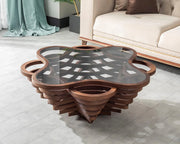 View Design a modern coffee table - natural walnut veneer, tempered glass tabletop, layered wave shape, rustic wood, modern living room table, luxurious home and office decoration, central table in the living room. image 4