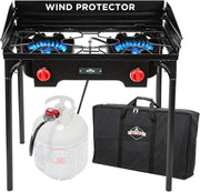 View Dual-burner outdoor gas stove | 150,000 British thermal units portable propane stove, with blue flame control, detachable legs, temperature control knob, windproof panel, hose, regulator and storage box image 3