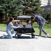 View Luxurious 4-seater children's stroller - A high-end 4-seater children's stroller specially designed for 4 children, equipped with convertible seats, adjustable push-pull handles, detachable sunshade, and flat folding device. The color is grey. image 2
