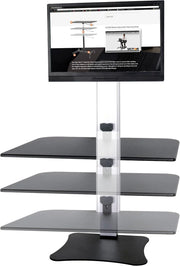 View High-position electric triple monitor adjustable desk | Sit-stand dual-purpose work desk for three screens | 28-inch wide work surface | Compatible with any standard desktop | Adjustable monitor stand image 1