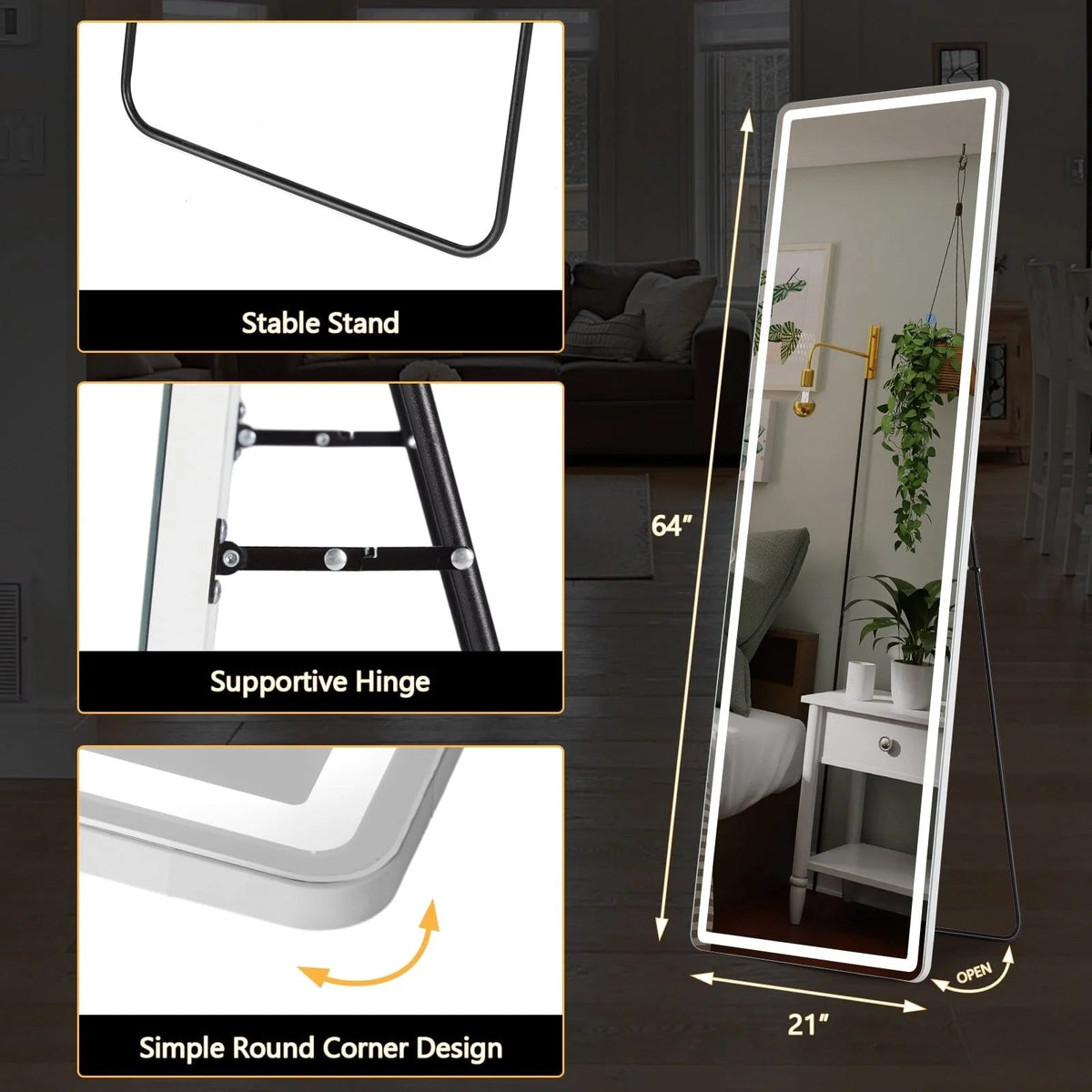 64 x 21 Inch Full Length LED Floor Mirror with Stand, Wall Mounted Full Body Mirror