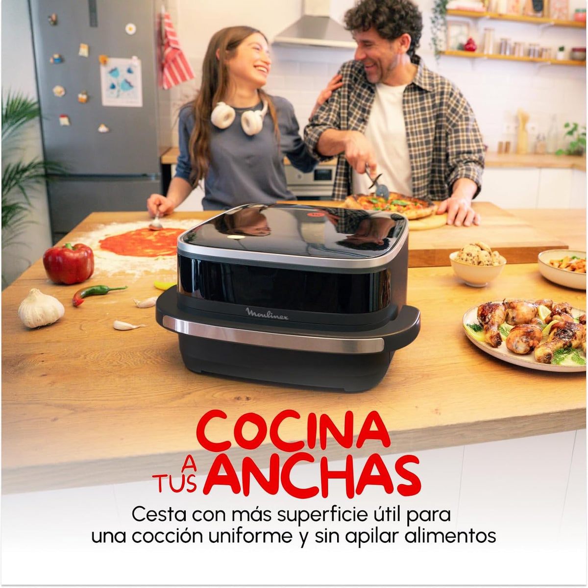 Moulinex Freidora de Aire Easy Fry XL Surface, 2200 W, Doble Resistencia, Cocción Uniforme, Cesta Ancha, 10 Programas Automáticos, Horno para Pizzas,
