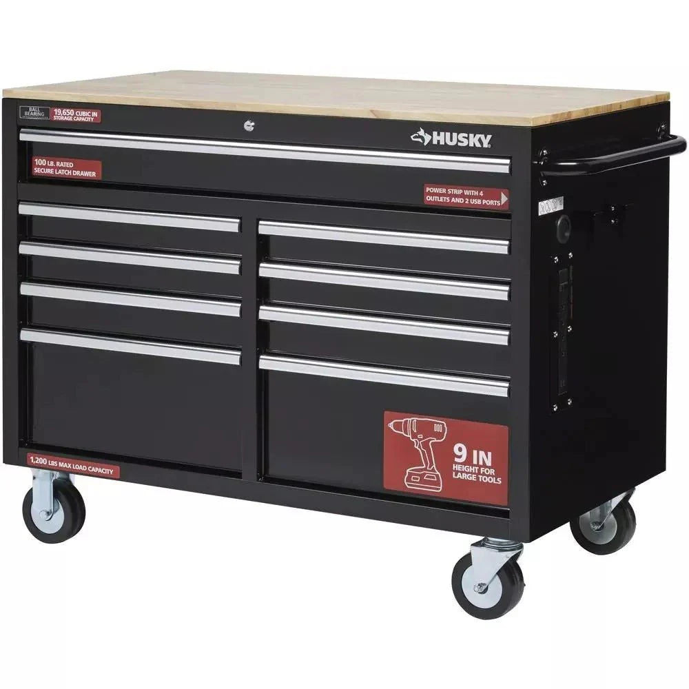 46-Inch W x 24-Inch D 9-Drawer Deep Tool Chest Mobile Workbench, Gloss Black