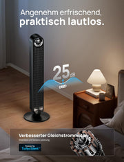 View DREO 25 dB Leiser Smart Turmventilator, 106cm Höhe 4 Modi 9-Geschwindigkeit Max 7,9m/s 12H Timer 90° Oszillierender Ventilator mit Fernbedienung image 3