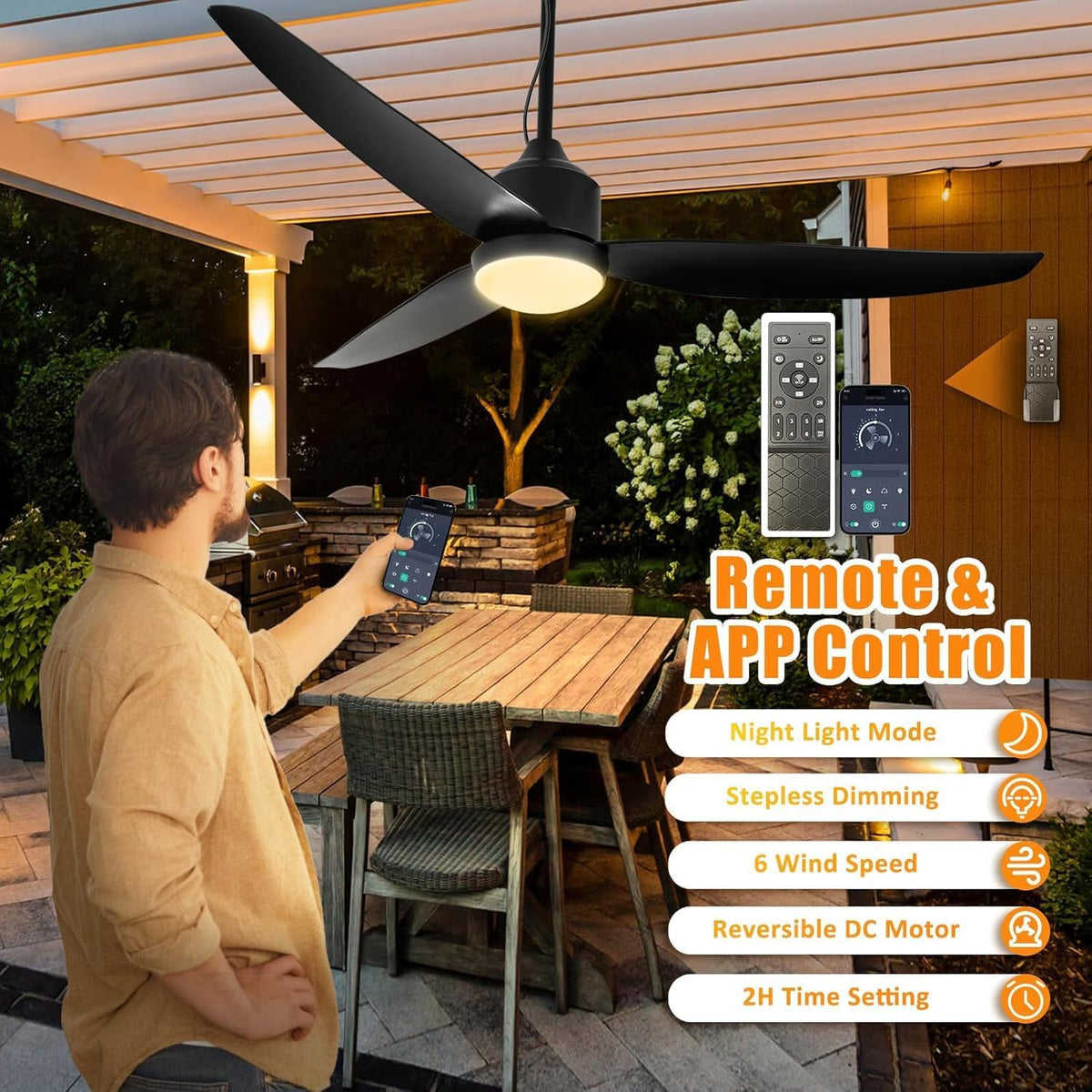 Deckenventilator mit Beleuchtung und Fernbedienung IP65 Wasserdicht Aussen Ventilator Dimmbar Fan Deckenleuchte Moderne Lampe mit Ventilator Leise