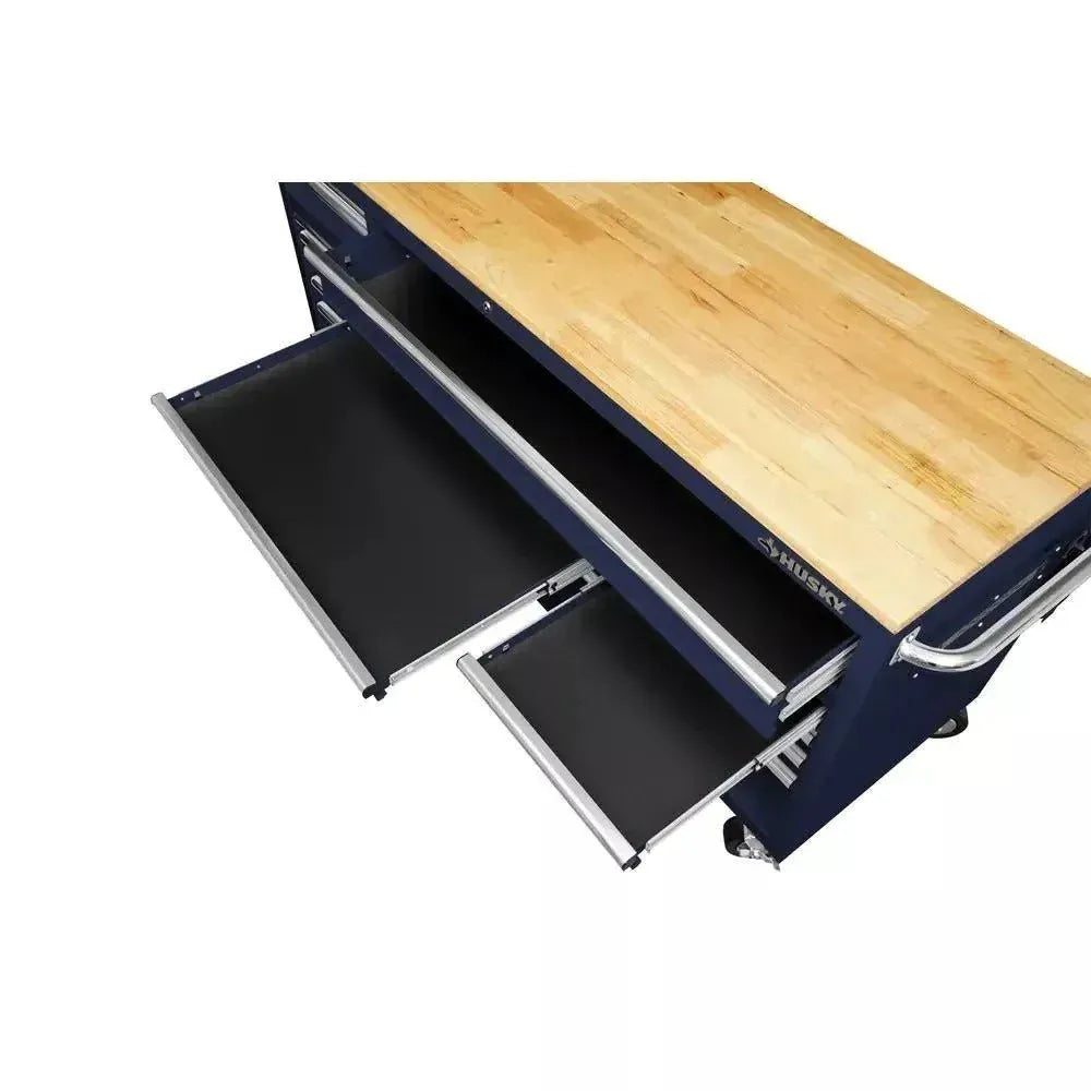 72-Inch 18-Drawer Mobile Workbench with Solid Wood Top, Gloss Blue
